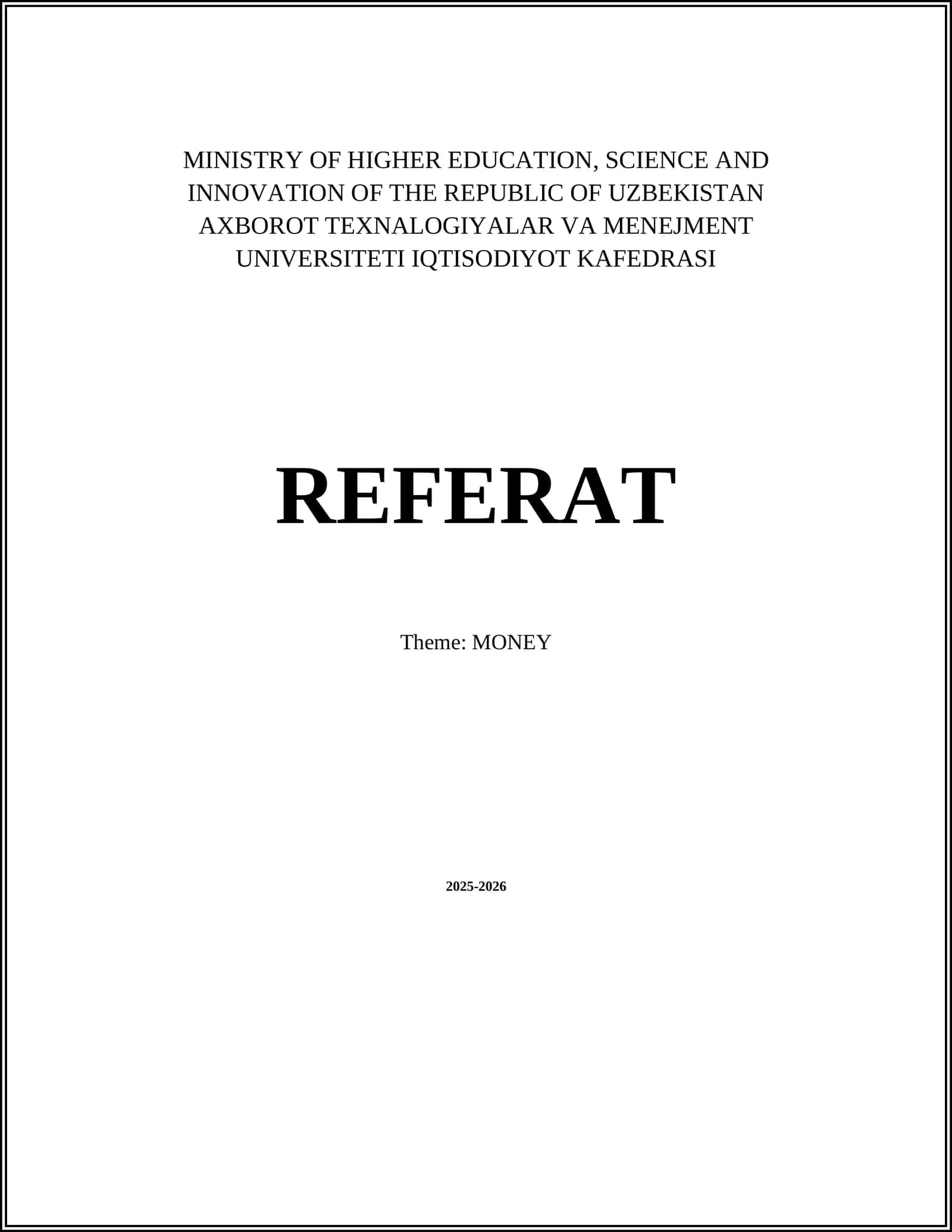 REFERAT Theme: MONEY 2025-2026