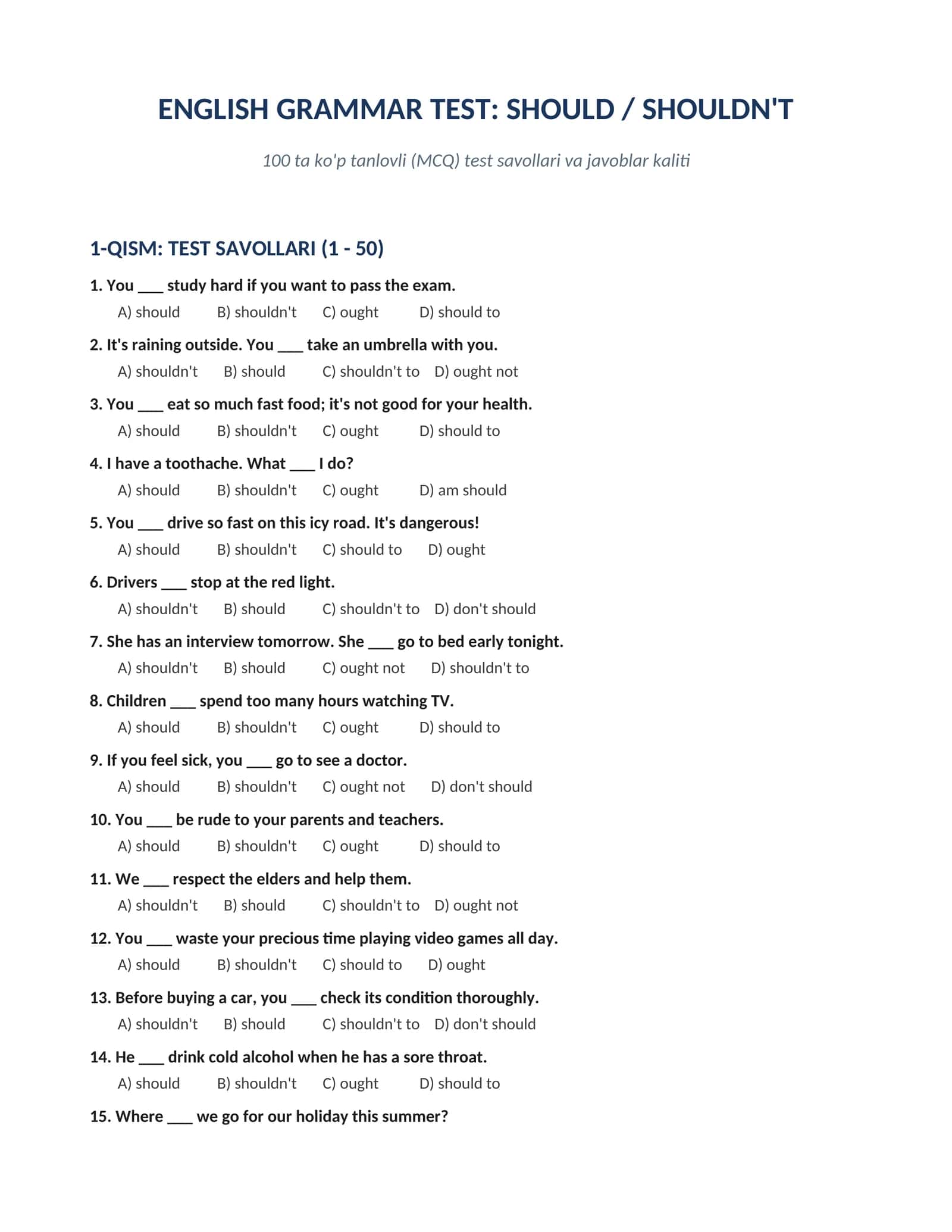 ENGLISH GRAMMAR TEST: SHOULD / SHOULDN'T   100 ta ko'p tanlovli test savollari va javoblar kaliti