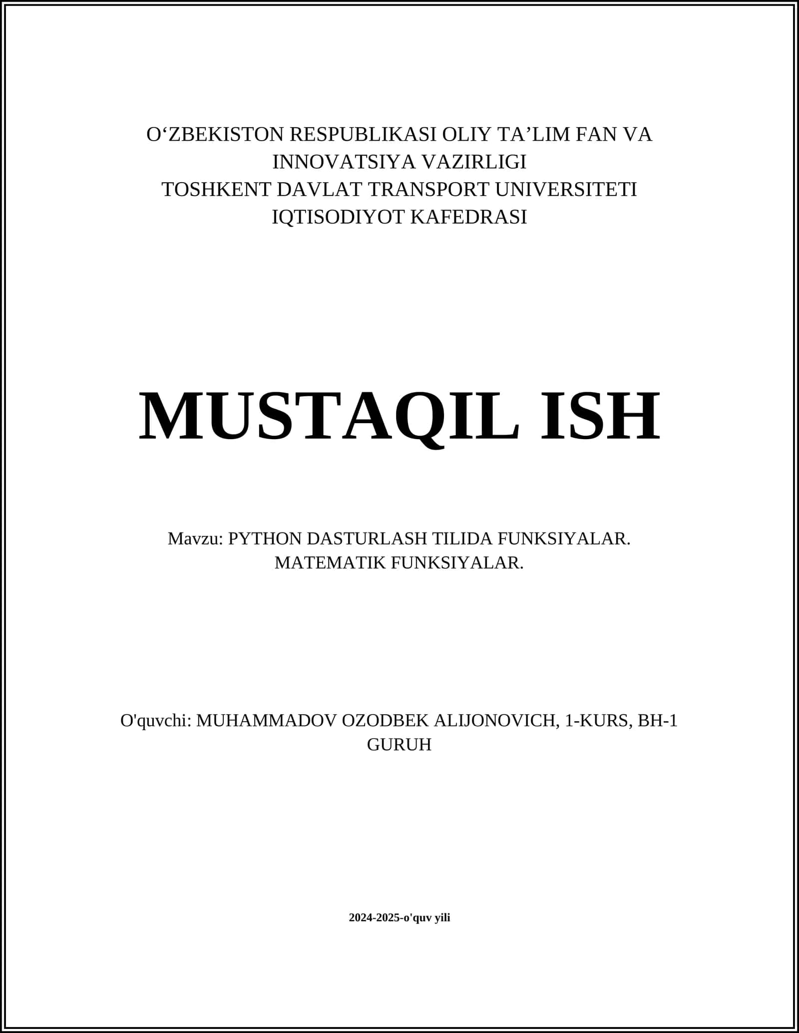 PYTHON DASTURLASH TILIDA FUNKSIYALAR