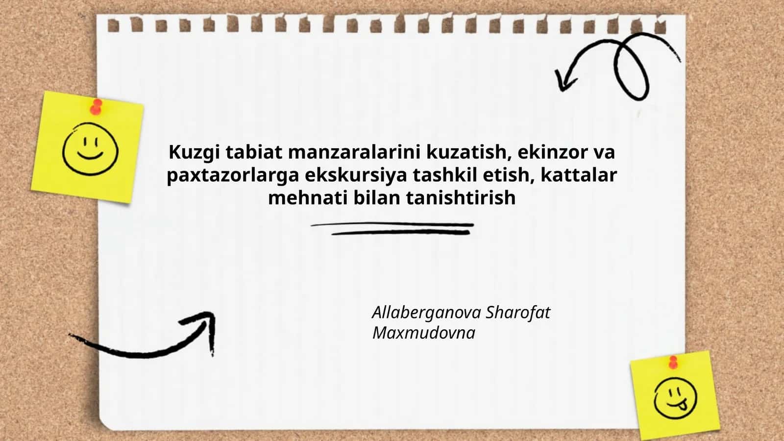 Kuzgi tabiat manzaralarini kuzatish, ekinzor va paxtazorlarga ekskursiya tashkil etish, kattalar mehnati bilan tanishtirish