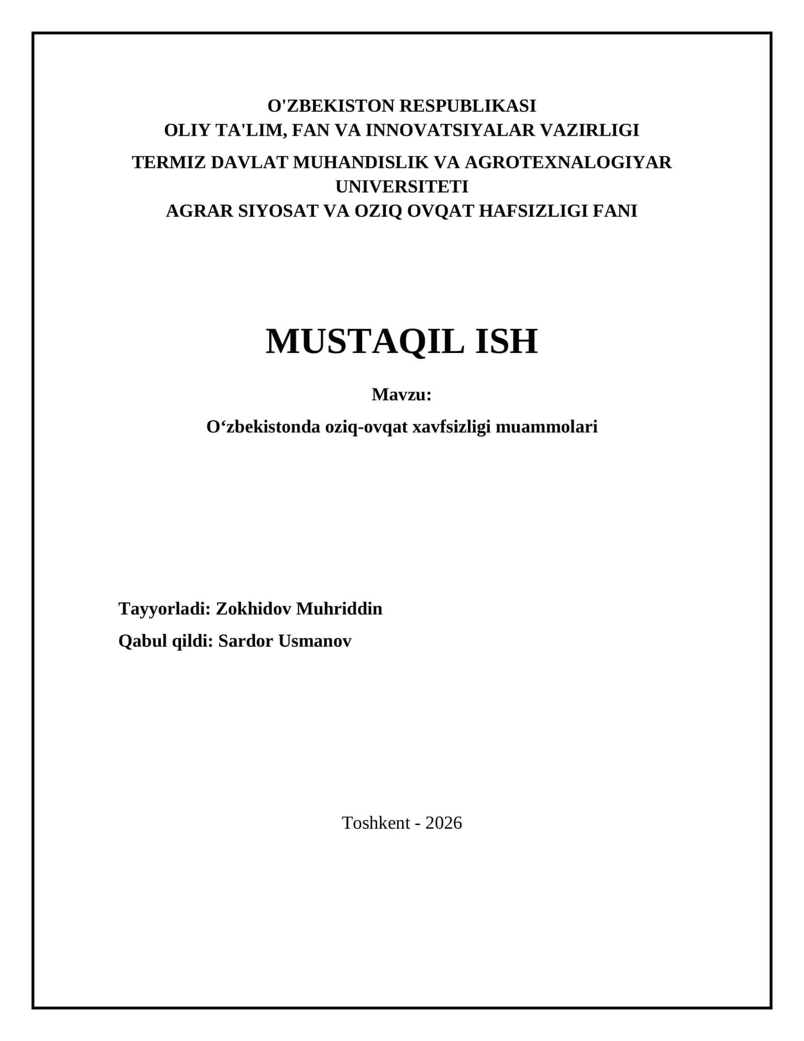 O‘zbekistonda oziq-ovqat xavfsizligi muammolari