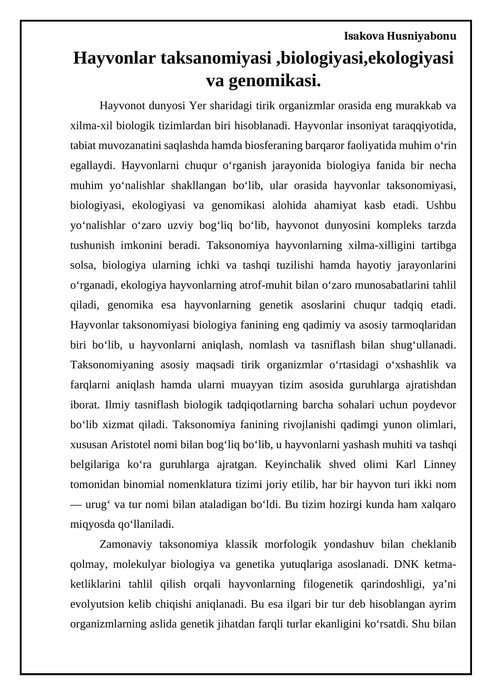 Hayvonlar taksanomiyasi, biologiyasi, ekologiyasi va genomikasi