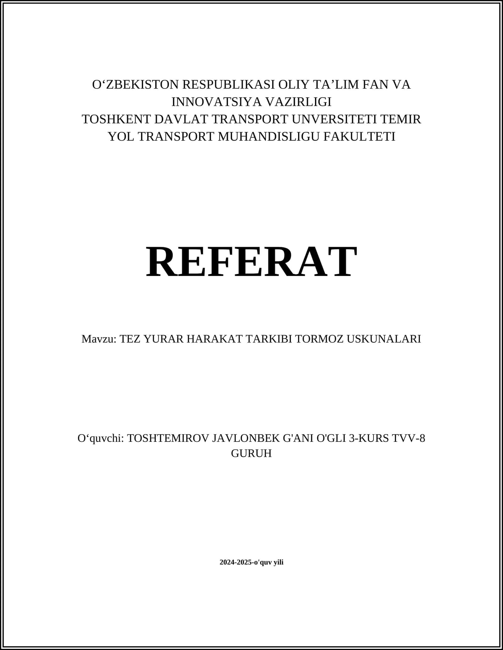 TEZ YURAR HARAKAT TARKIBI TORMOZ USKUNALARI