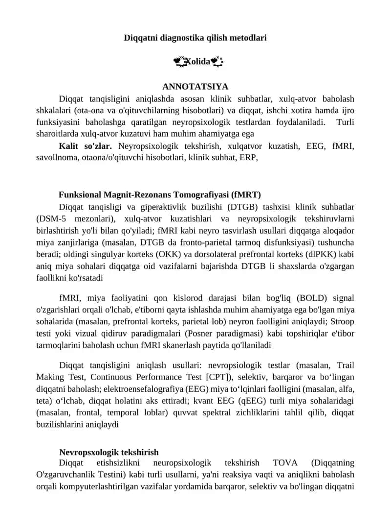 Diqqatni diagnostika qilish metodlari