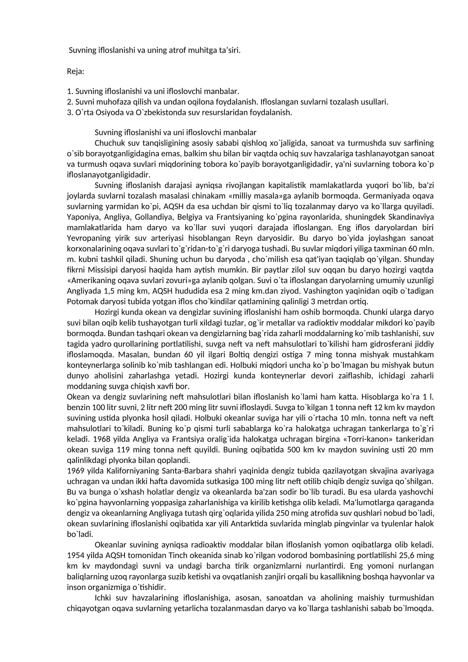 Suvning ifloslanishi va uni ifloslovchi manbalar