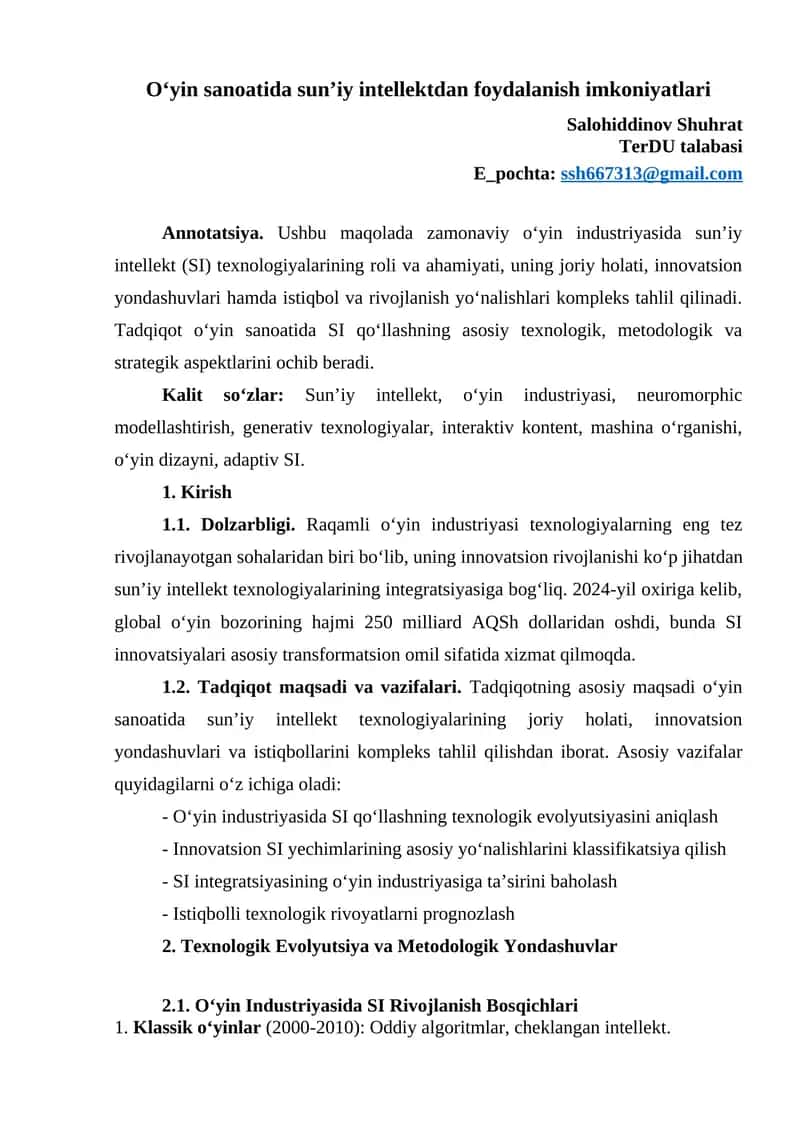 Oʻyin sanoatida sunʼiy intellektdan foydalanish imkoniyatlari