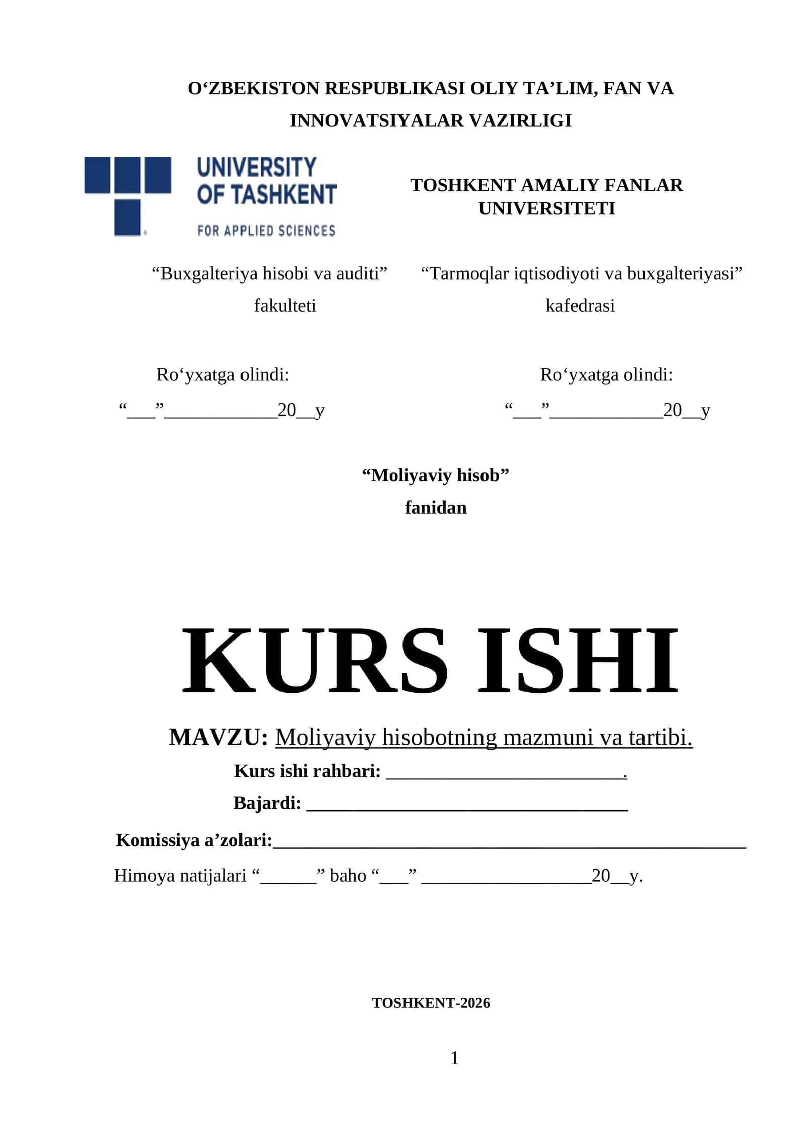 Moliyaviy hisob fanidan KURS ISHI