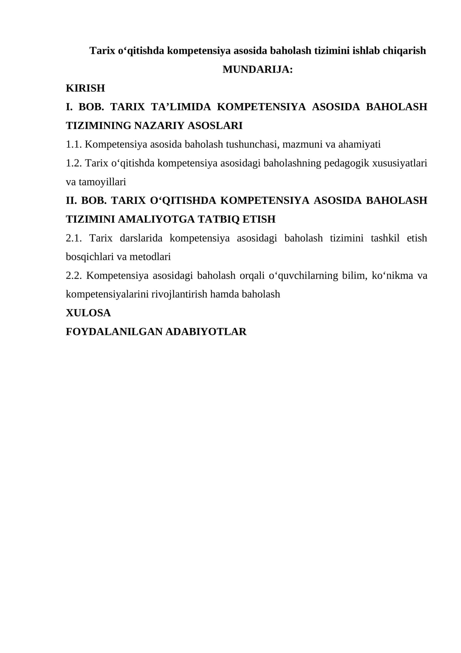 Tarix oʻqitishda kompetensiya asosida baholash tizimini ishlab chiqarish