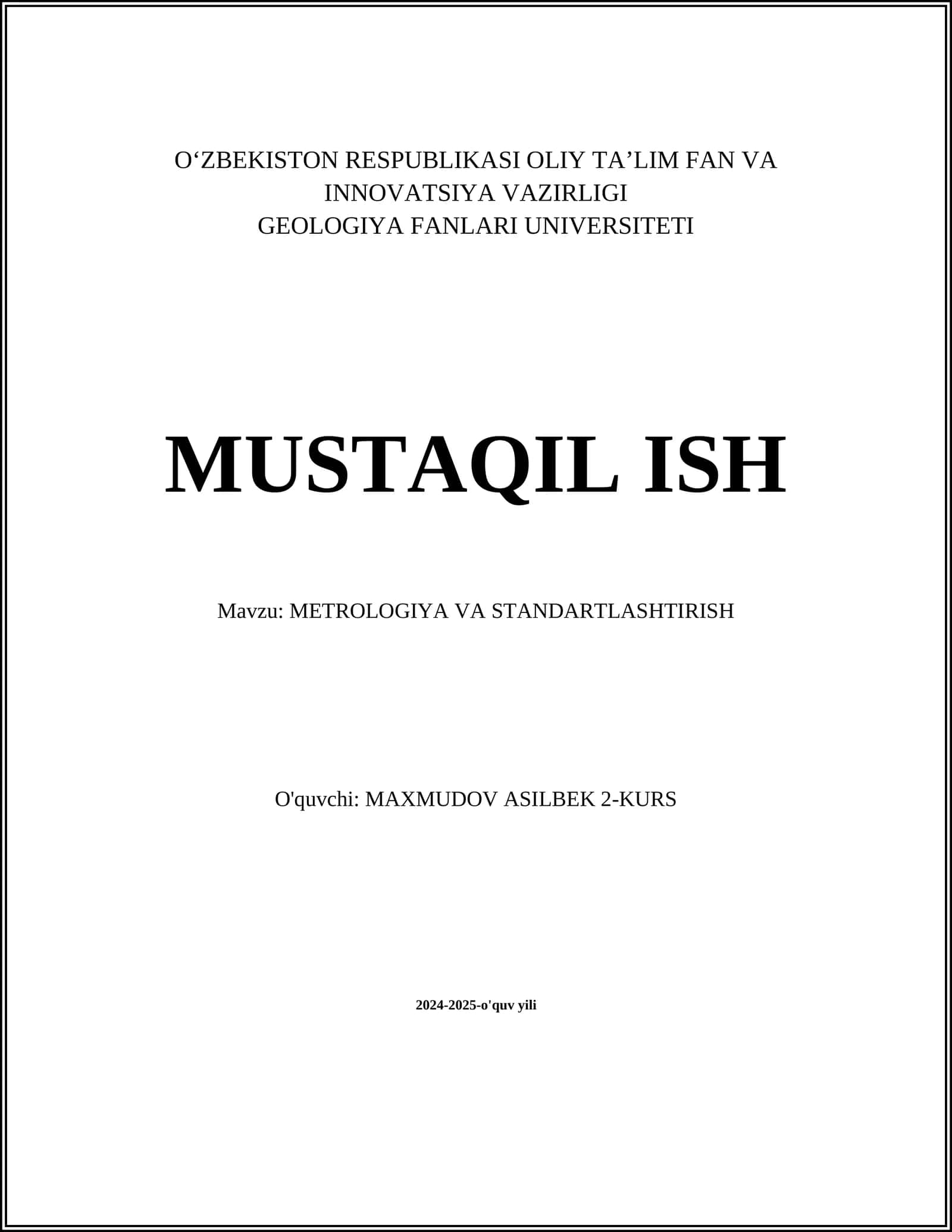 METROLOGIYA VA STANDARTLASHTIRISH