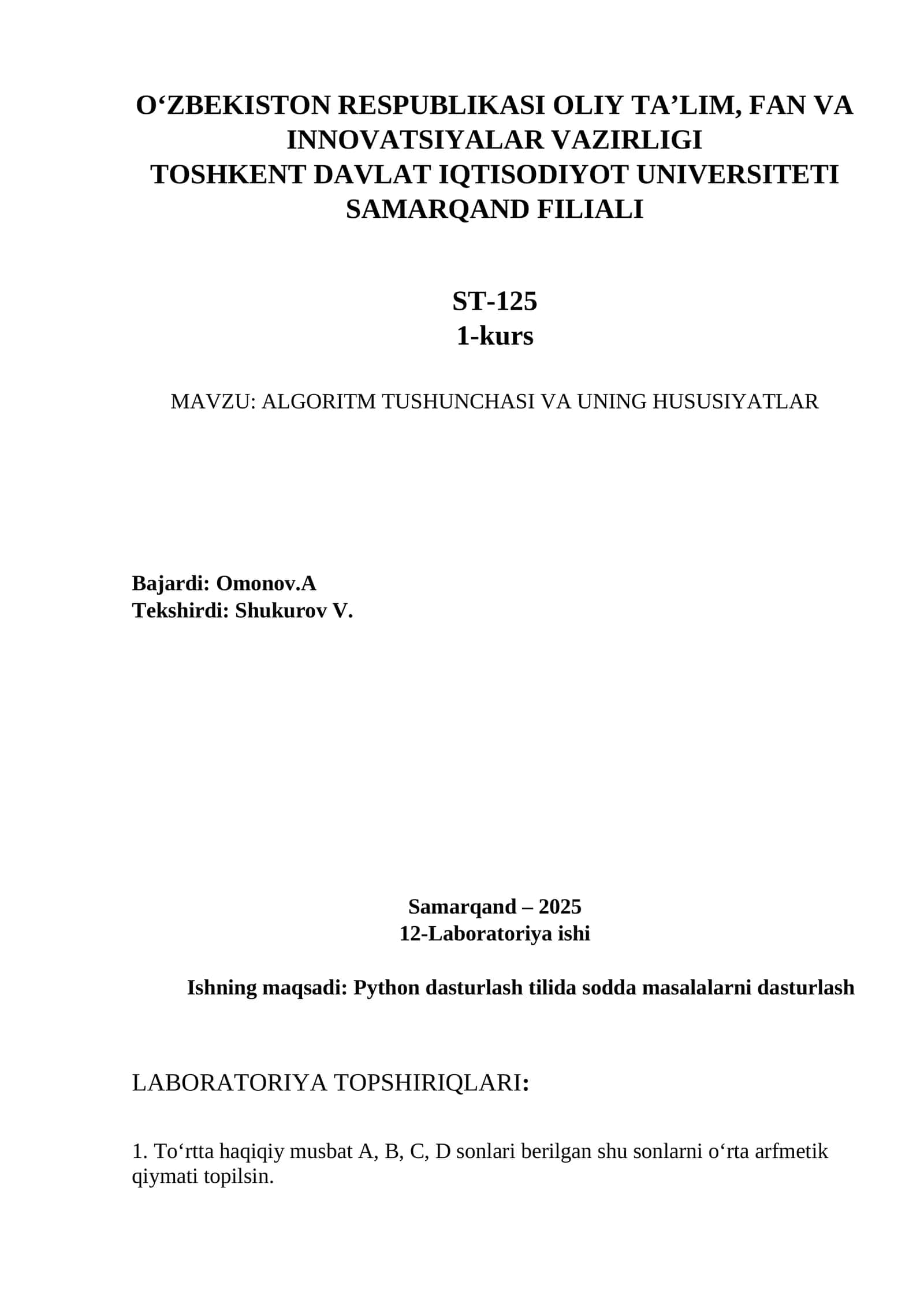 ALGORITM TUSHUNCHASI VA UNING HUSUSIYATLAR