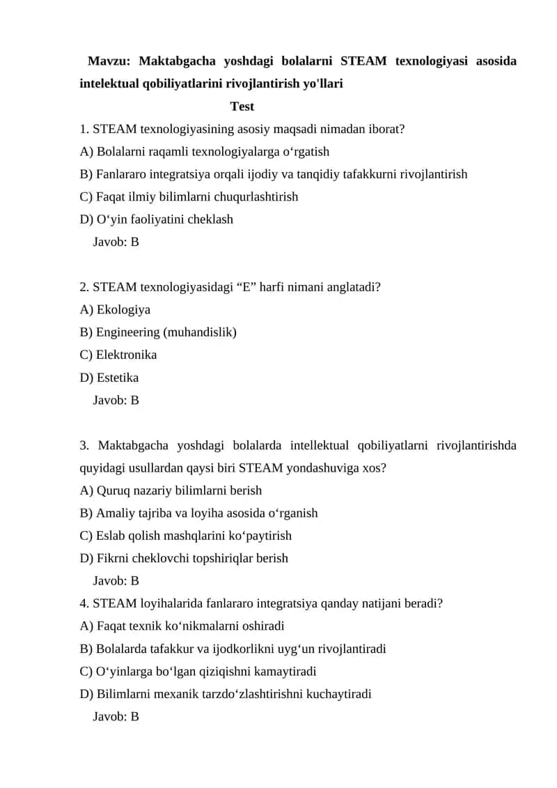 Maktabgacha yoshdagi bolalarni STEAM texnologiyasi asosida intelektual qobiliyatlarini rivojlantirish yo'llari