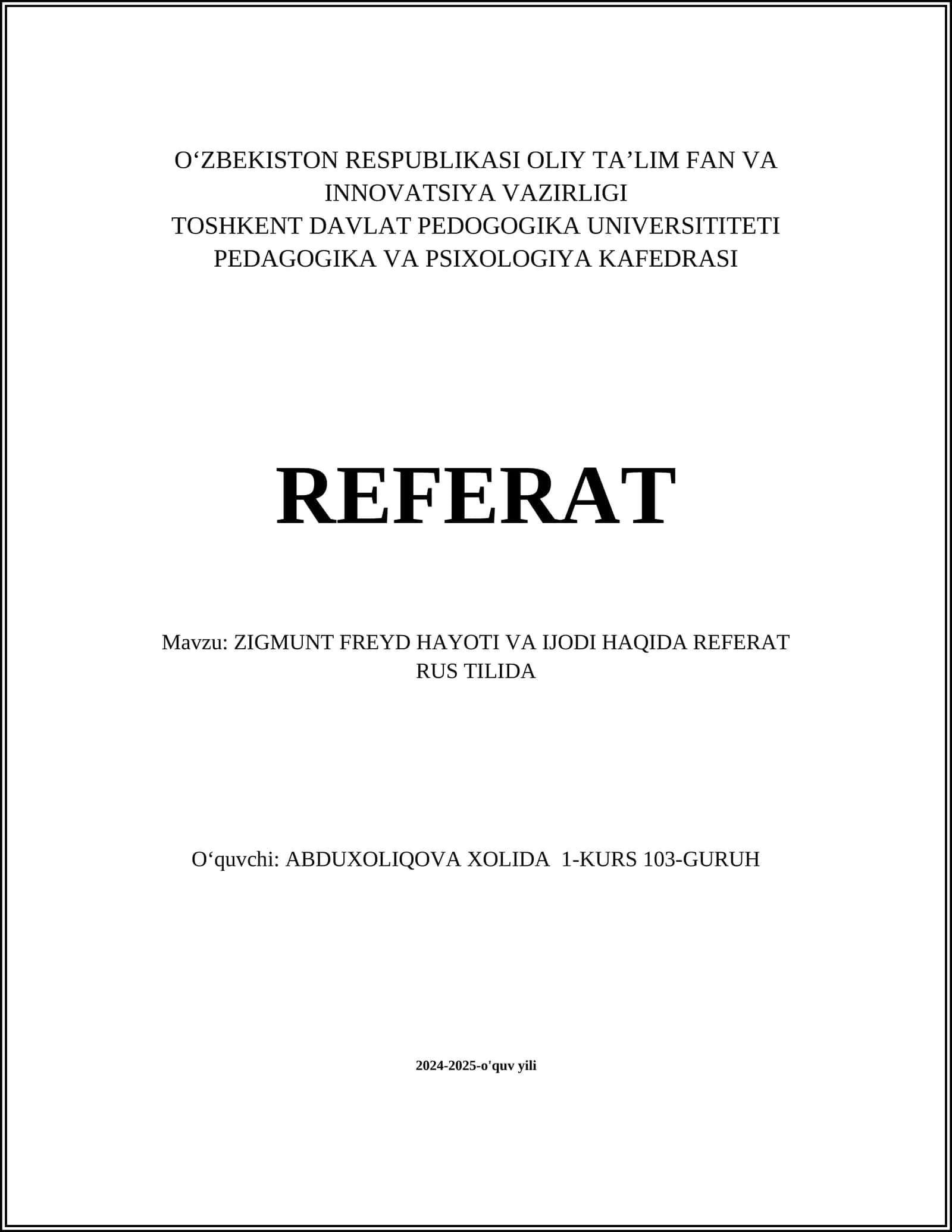 ZIGMUNT FREYD HAYOTI VA IJODI HAQIDA REFERAT RUS TILIDA