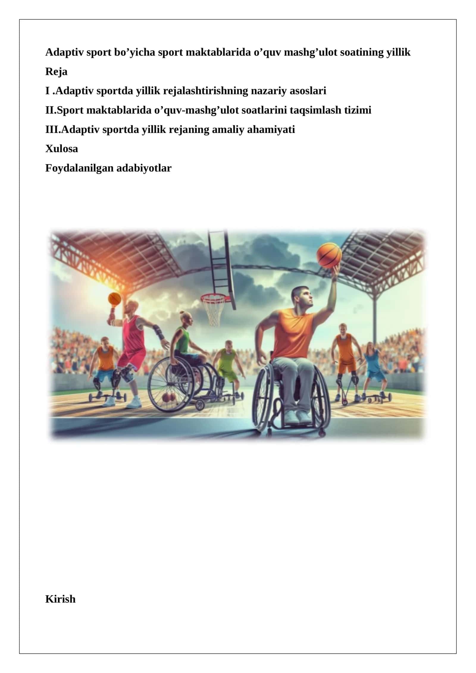 Adaptiv sport bo’yicha sport maktablarida o’quv mashg’ulot soatining yillik reja