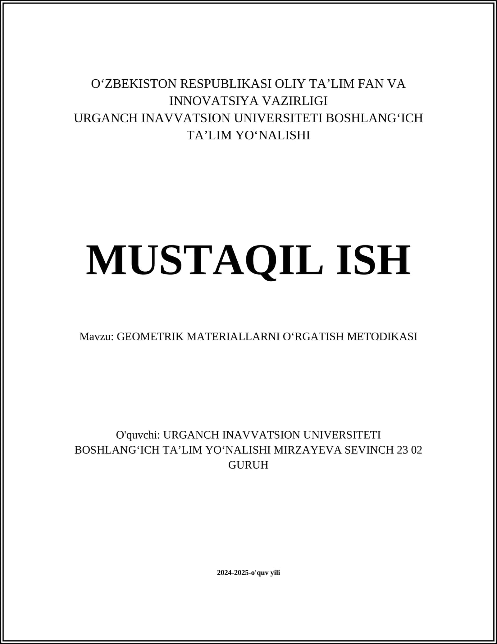 GEOMETRIK MATERIALLARNI OʻRGATISH METODIKASI