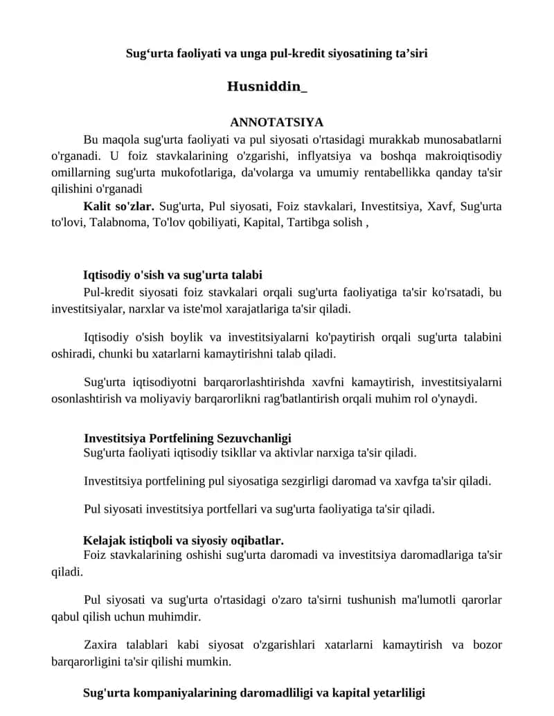 Sugʻurta faoliyati va unga pul-kredit siyosatining taʼsiri