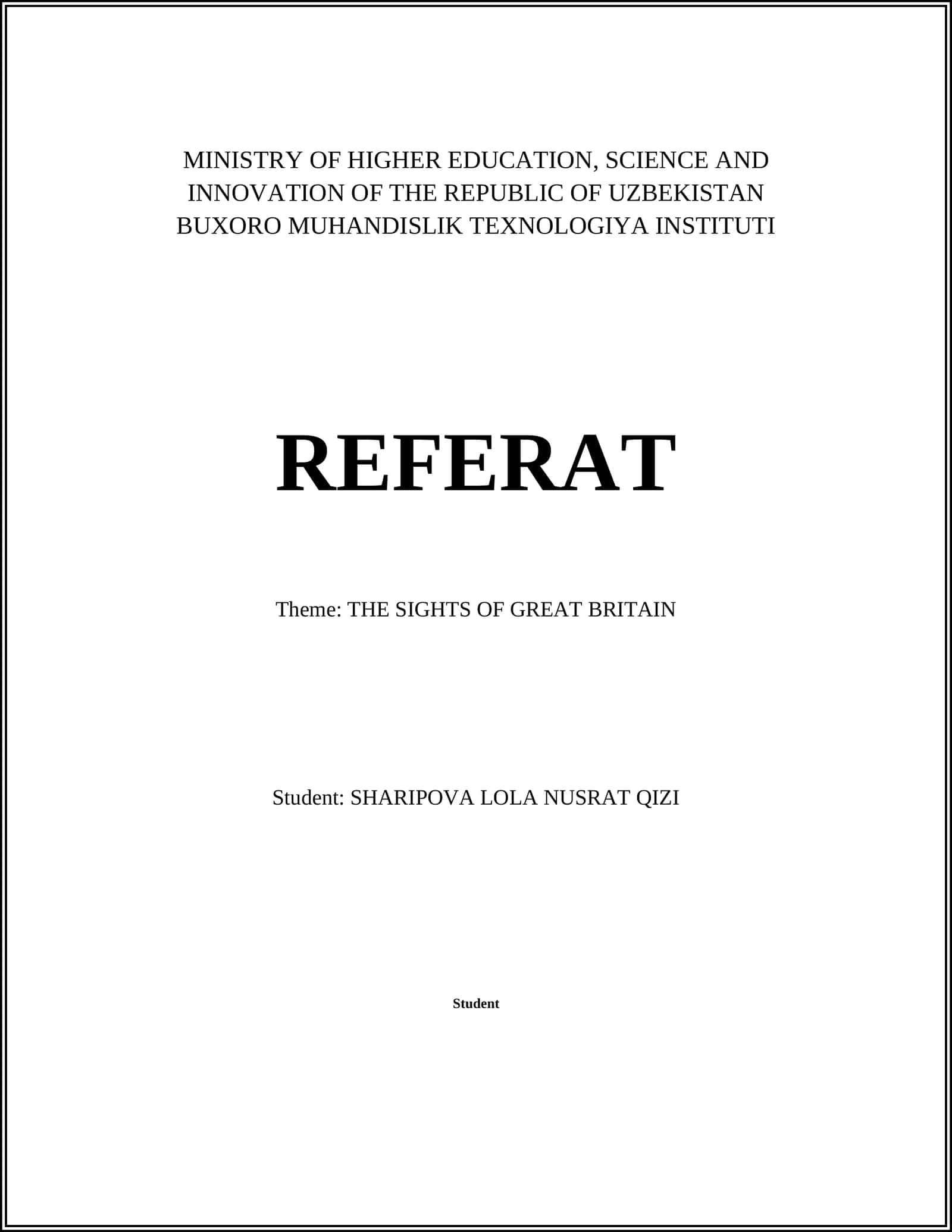 REFERAT Theme: THE SIGHTS OF GREAT BRITAIN