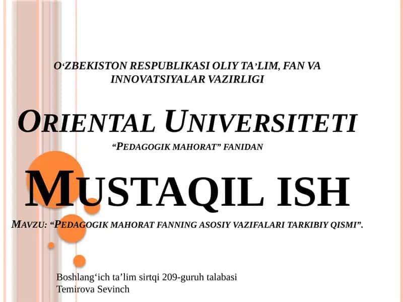 Pedagogik mahorat fanning asosiy vazifalari tarkibiy qismi