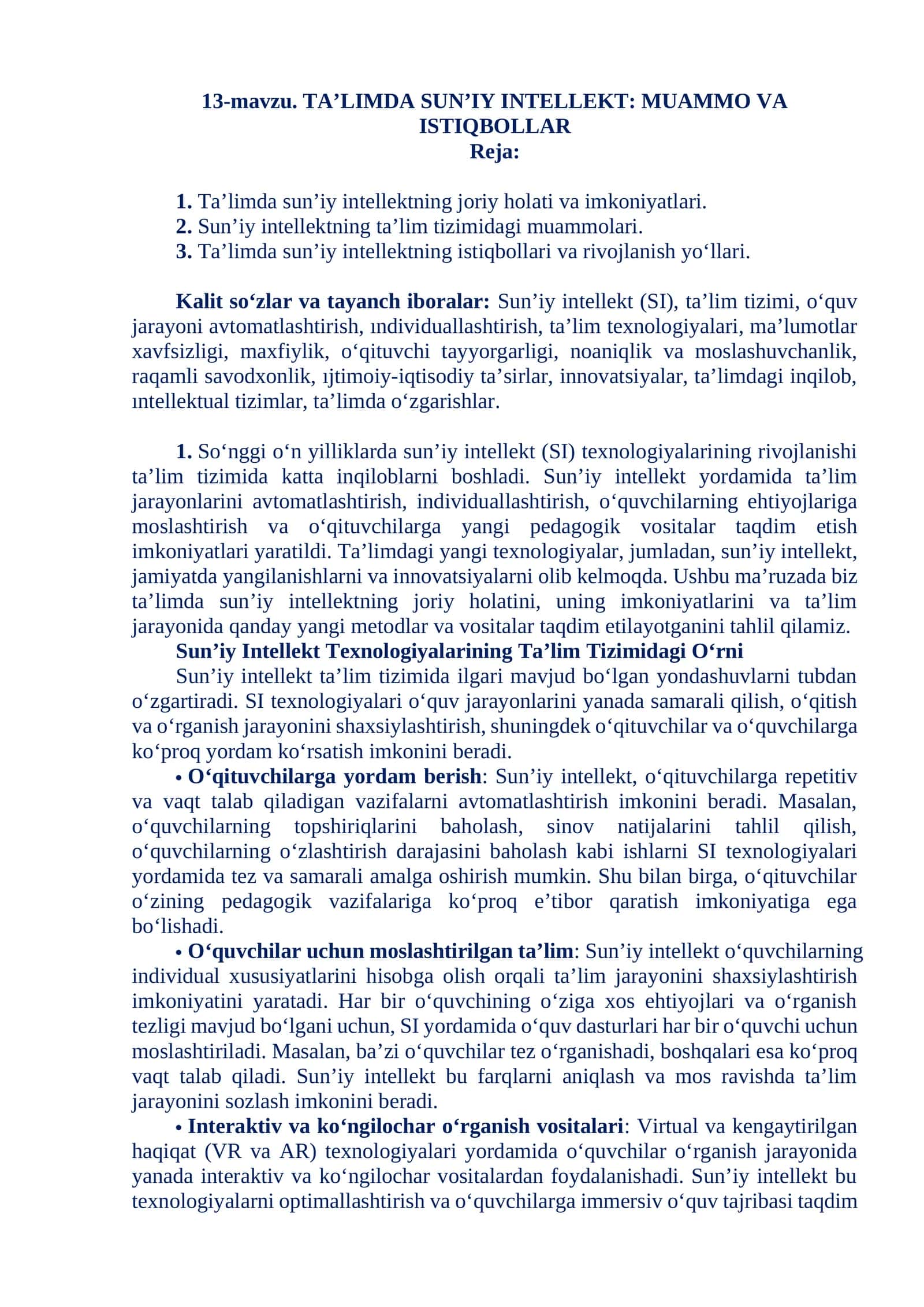 TA'LIMDA SUN’IY INTELLEKT: MUAMMO VA ISTIQBOLLAR