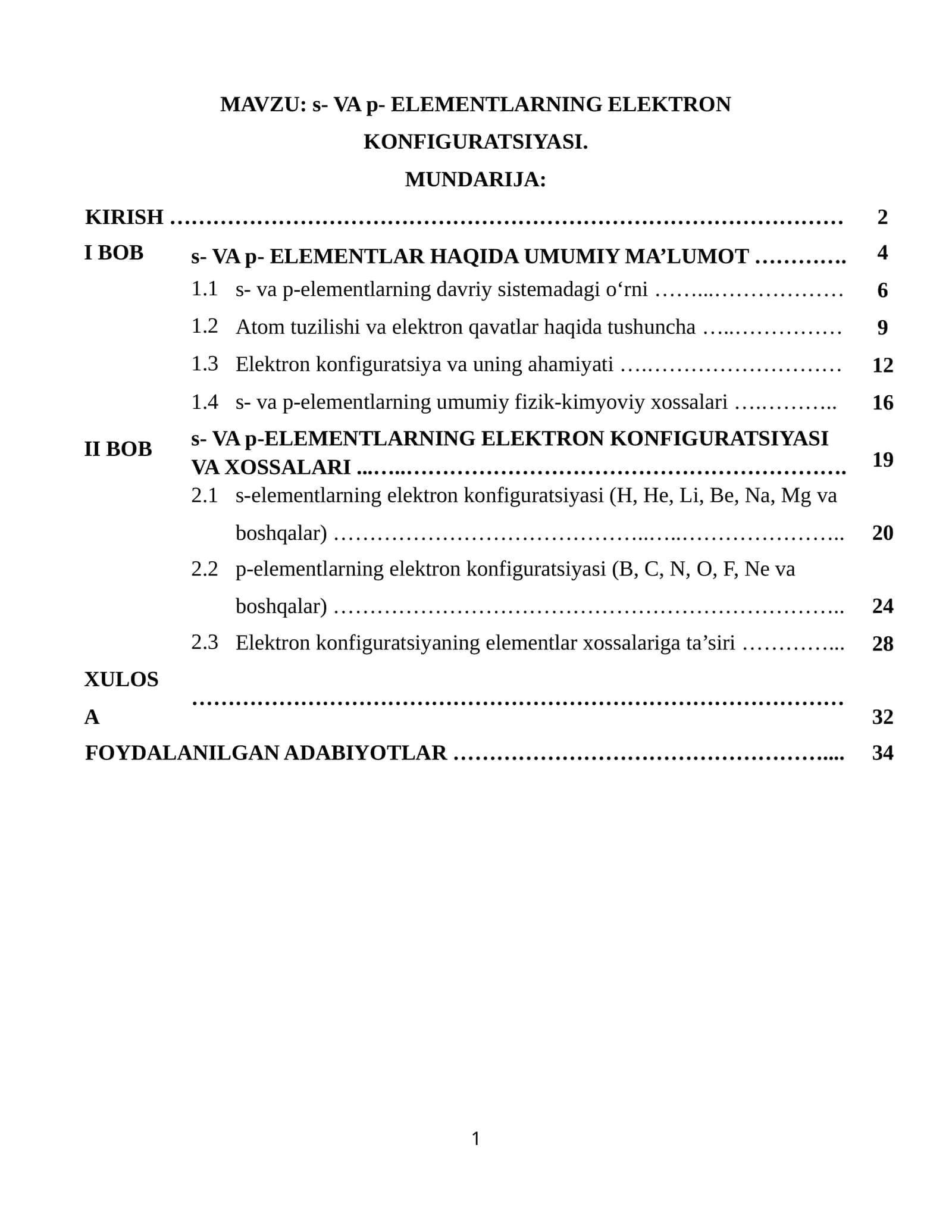 s- VA p- ELEMENTLARNING ELEKTRON KONFIGURATSIYASI