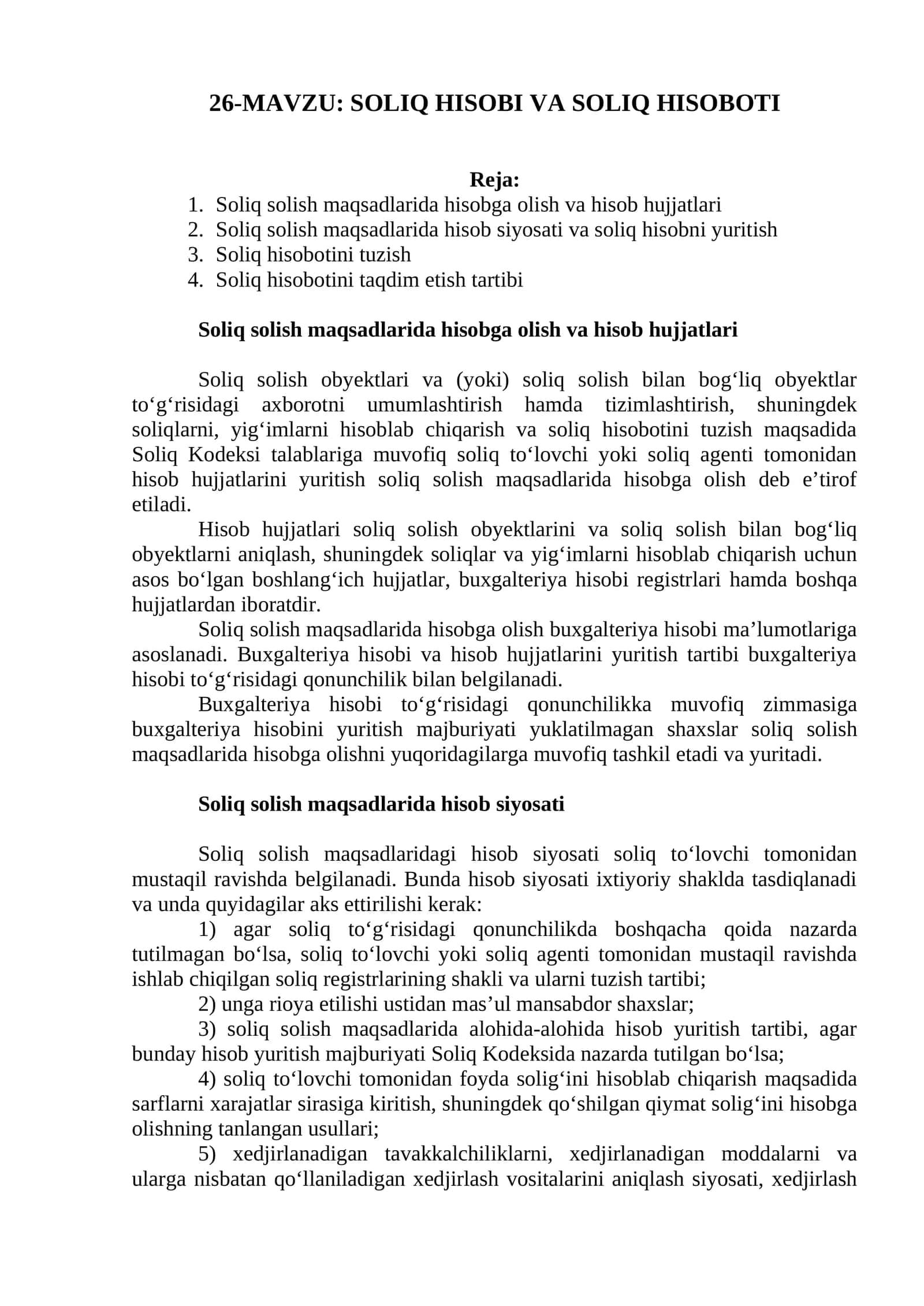 SOLIQ HISOBI VA SOLIQ HISOBOTI