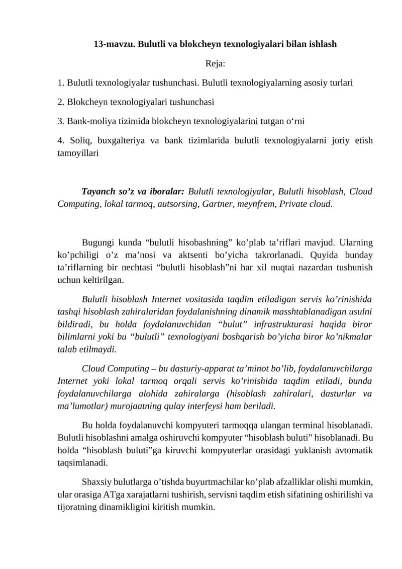 13-mavzu. Bulutli va blokcheyn texnologiyalari bilan ishlash