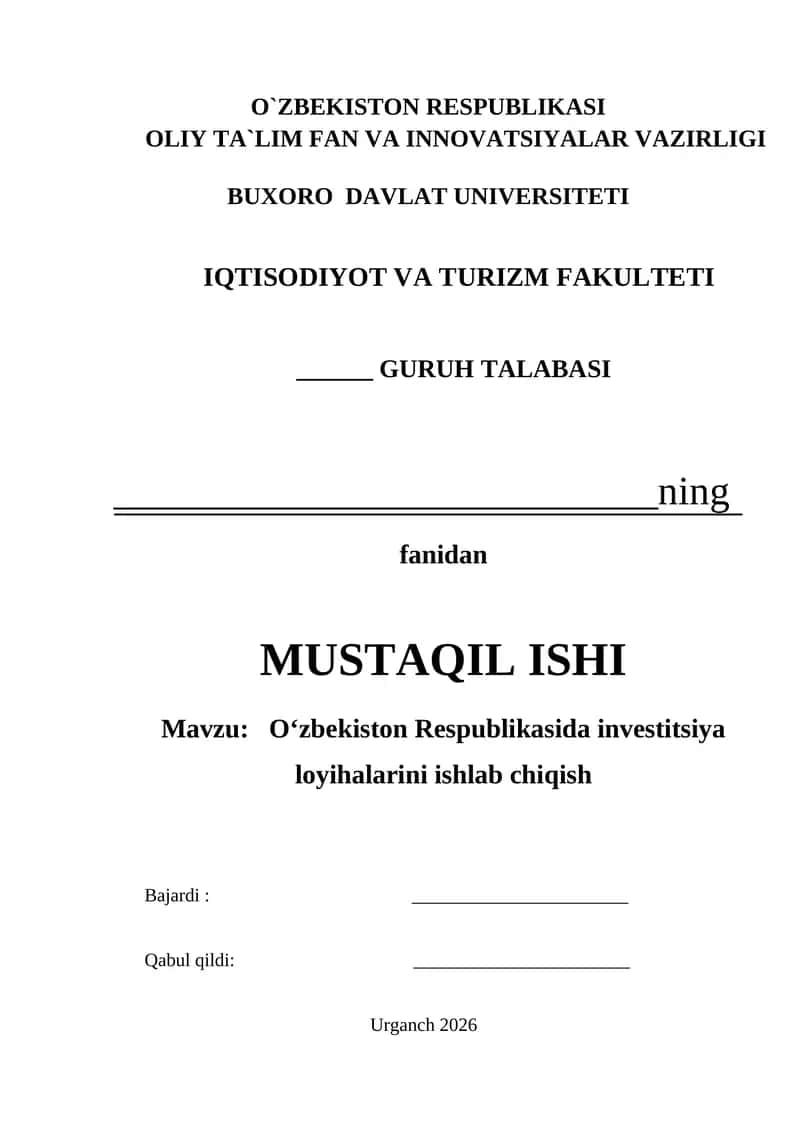O‘zbekiston Respublikasida investitsiya loyihalarini ishlab chiqish