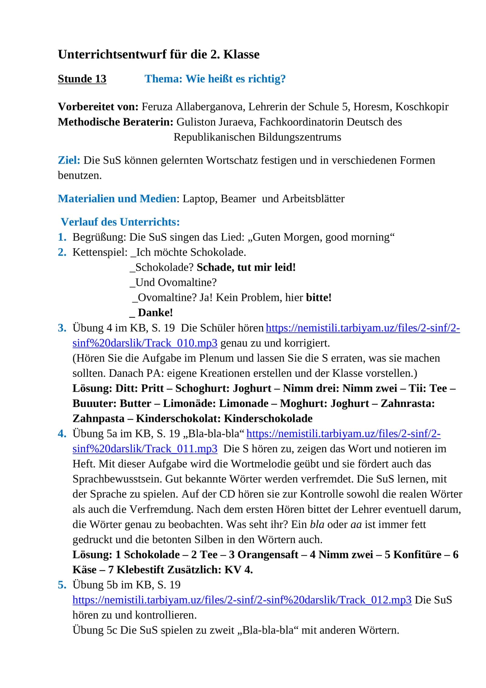Unterrichtsentwurf für die 2. Klasse