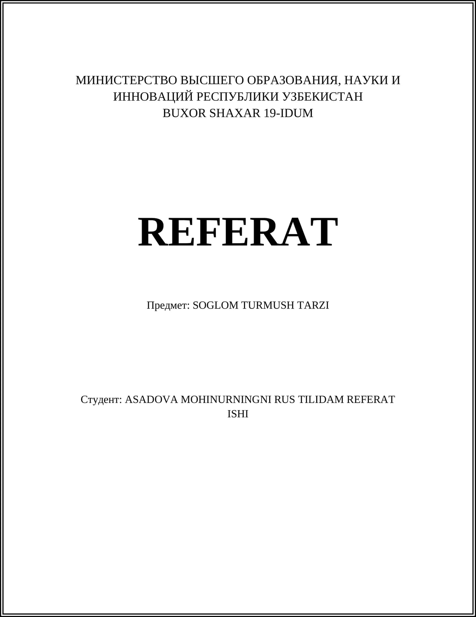 REFERAT SOGLOM TURMUSH TARZI