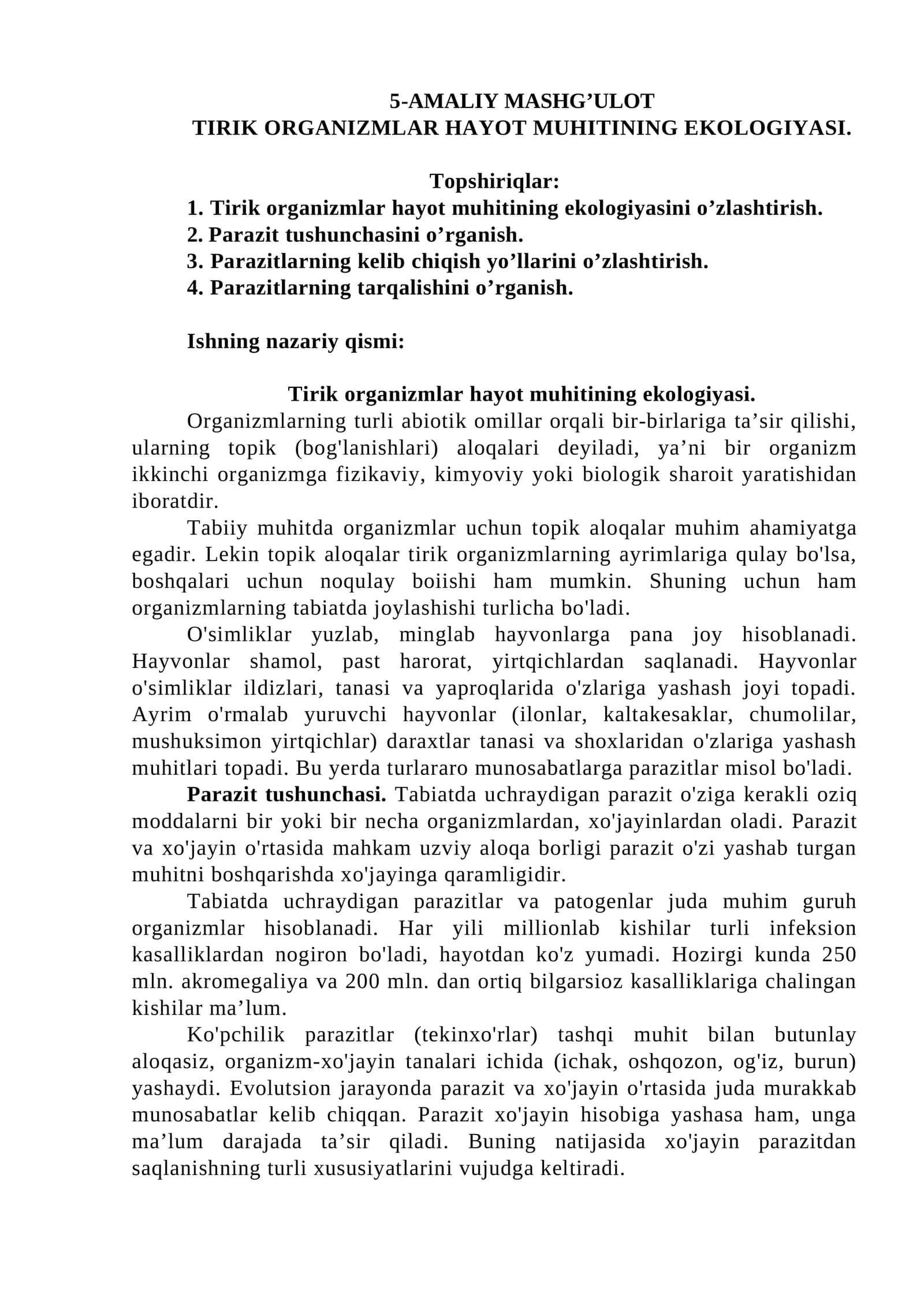 TIRIK ORGANIZMLAR HAYOT MUHITINING EKOLOGIYASI