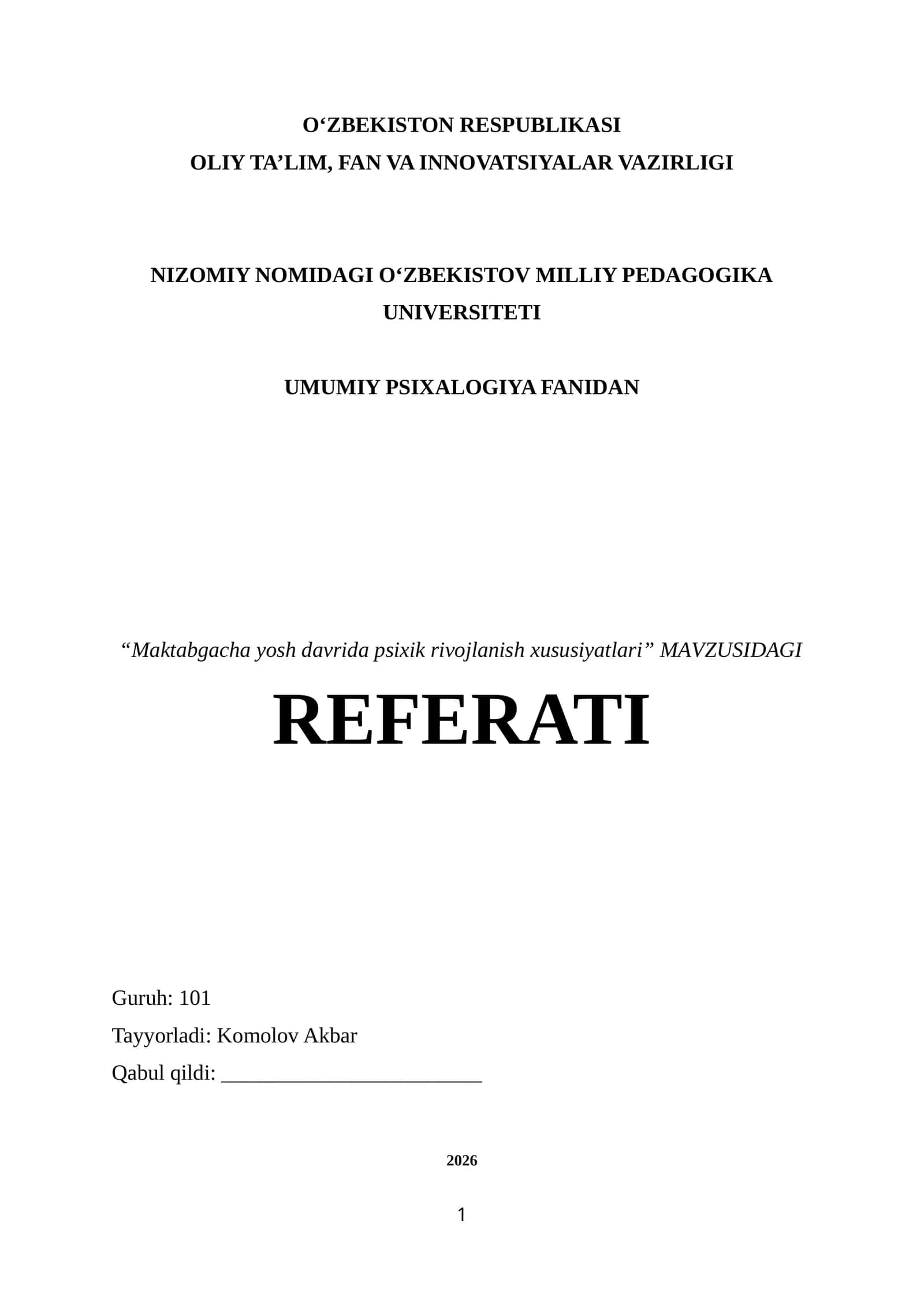 Maktabgacha yosh davrida psixik rivojlanish xususiyatlari. REFERAT