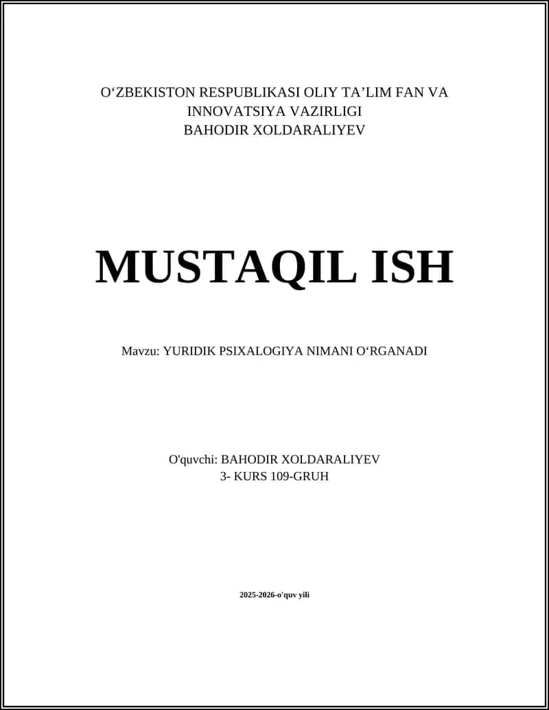 YURIDIK PSIXALOGIYA NIMANI OʻRGANADI