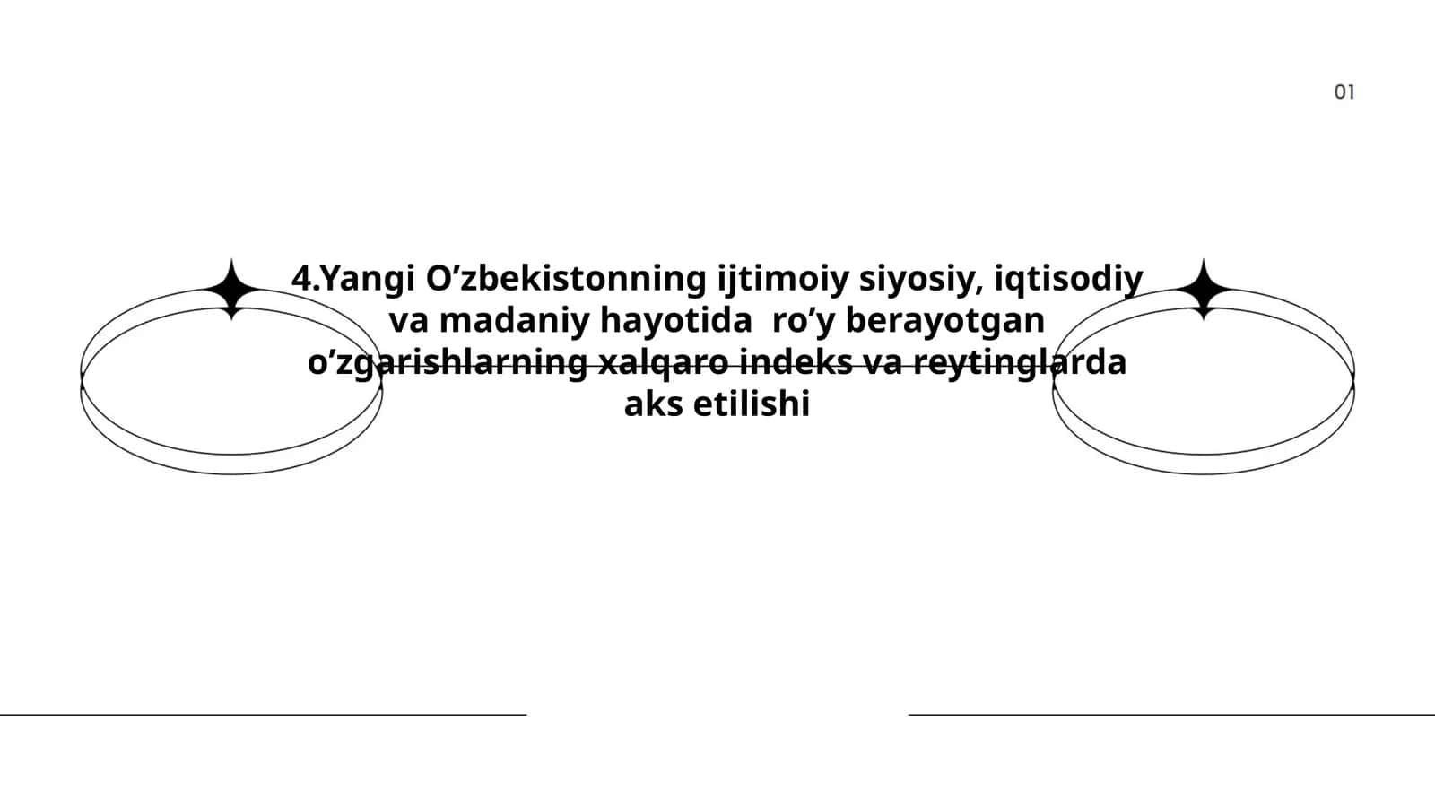 Yangi Oʼzbekistonning ijtimoiy siyosiy, iqtisodiy va madaniy hayotida roʼy berayotgan oʼzgarishlarning xalqaro indeks va reytinglarda aks etilishi