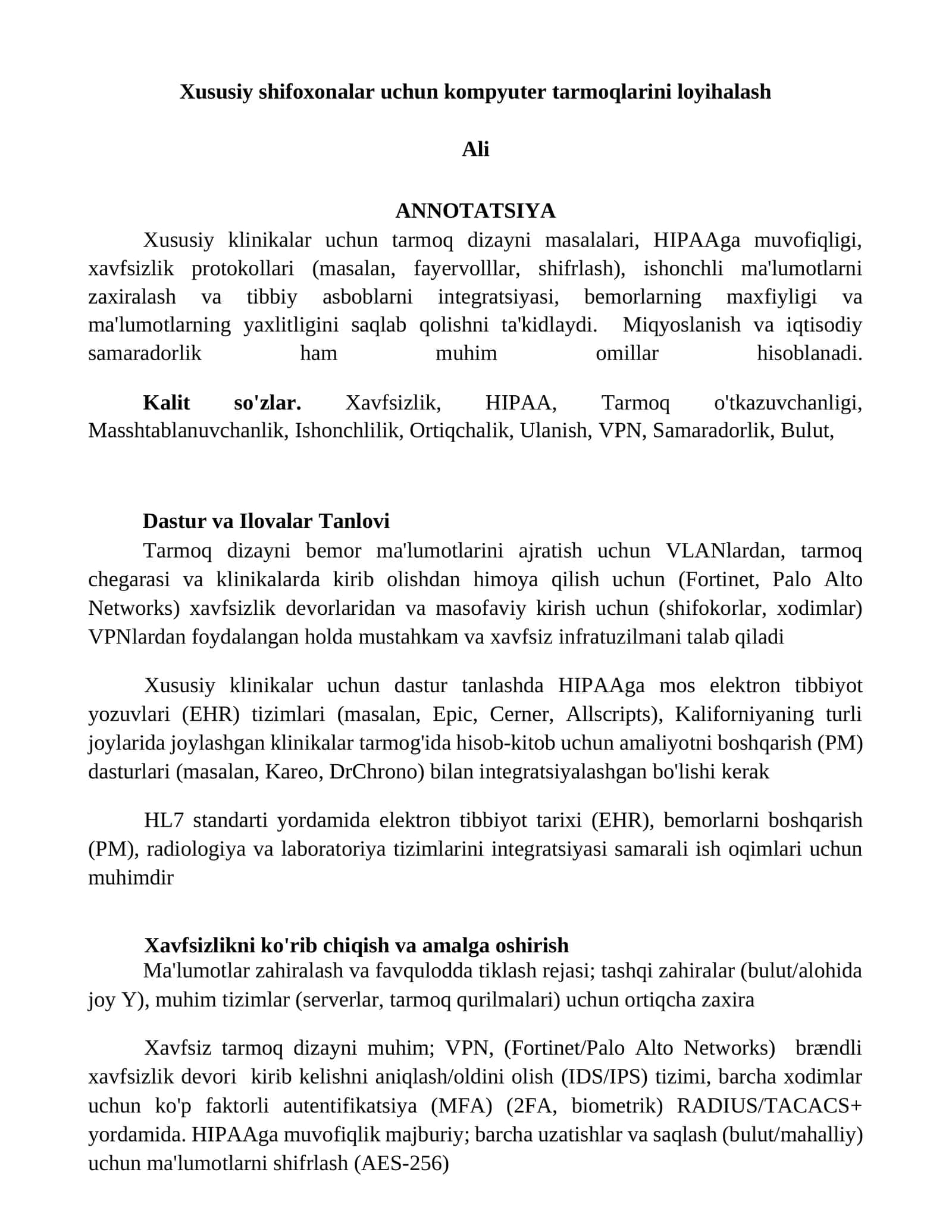 Xususiy shifoxonalar uchun kompyuter tarmoqlarini loyihalash