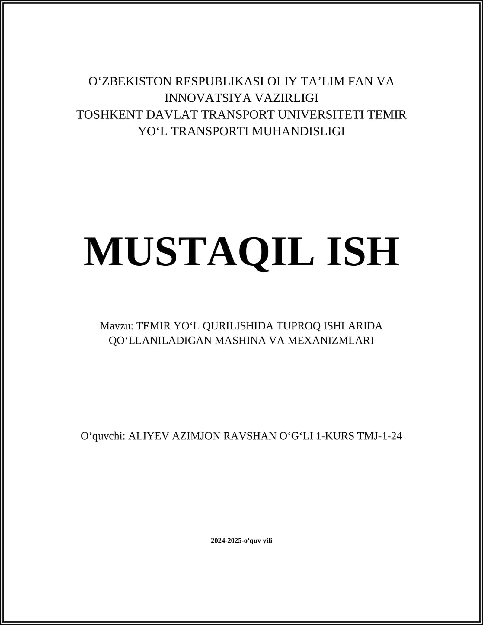 TEMIR YO‘L QURILISHIDA TUPROQ ISHLARIDA QO‘LLANILADIGAN MASHINA VA MEXANIZMLARI