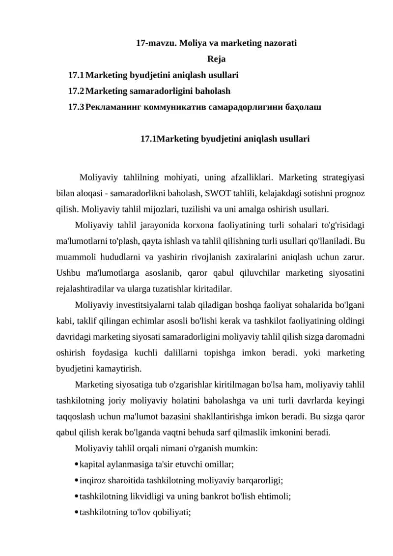 Marketing byudjetini aniqlash usullari