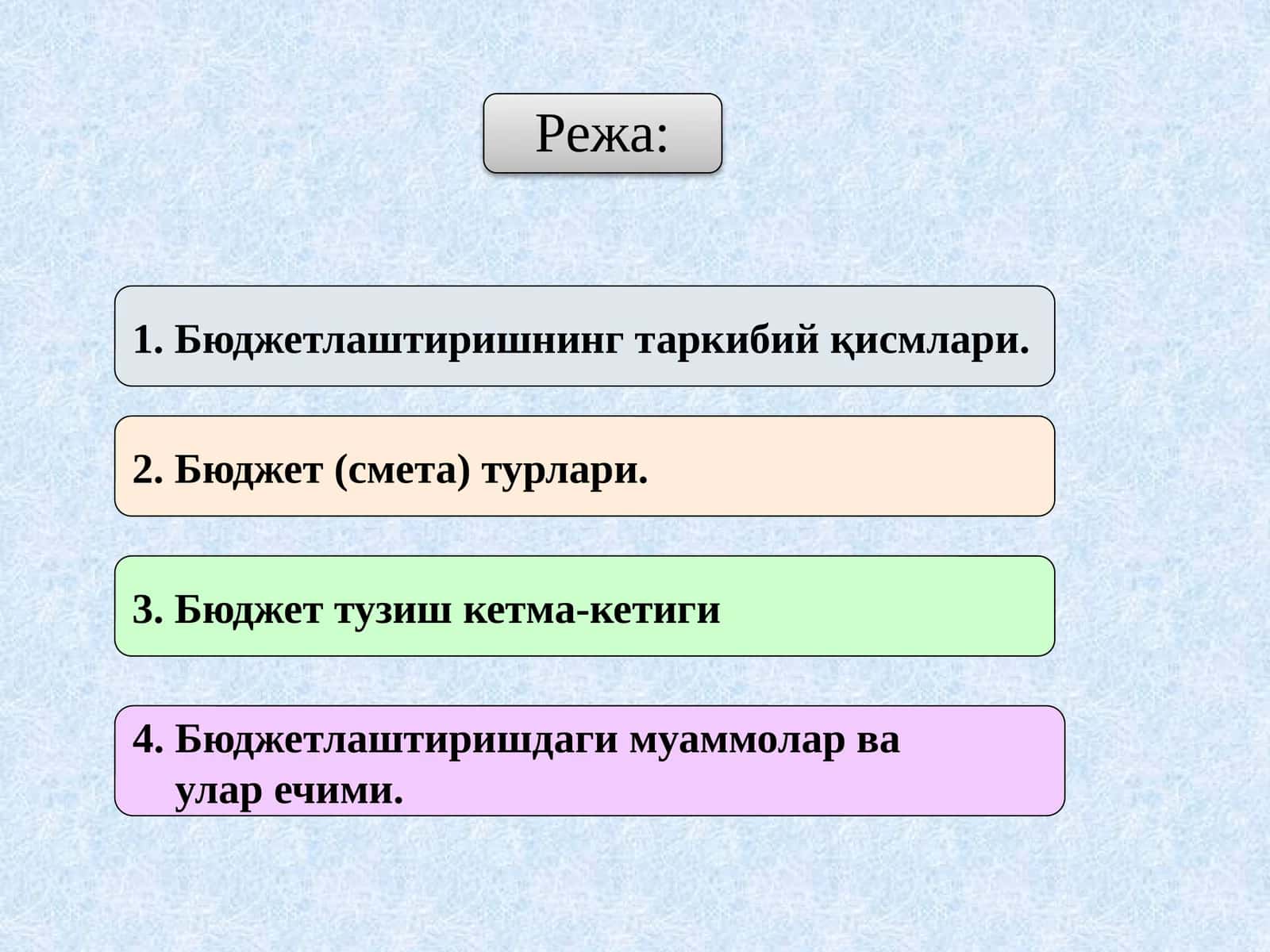 Бюджетлаштиришнинг таркибий қисмлари