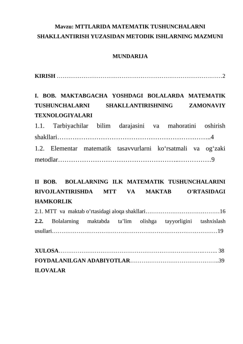 MTTLARIDA MATEMATIK TUSHUNCHALARNI SHAKLLANTIRISH YUZASIDAN METODIK ISHLARNING MAZMUNI