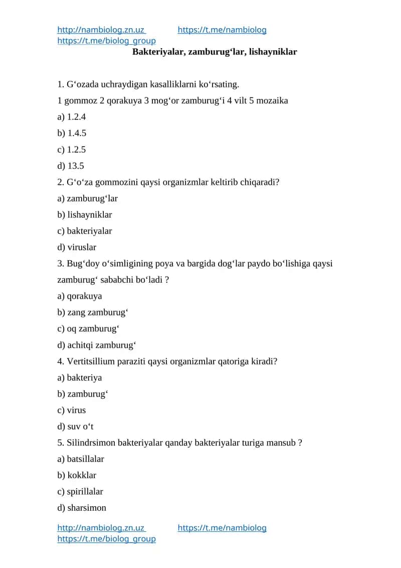Biologiya test savollar to'plami