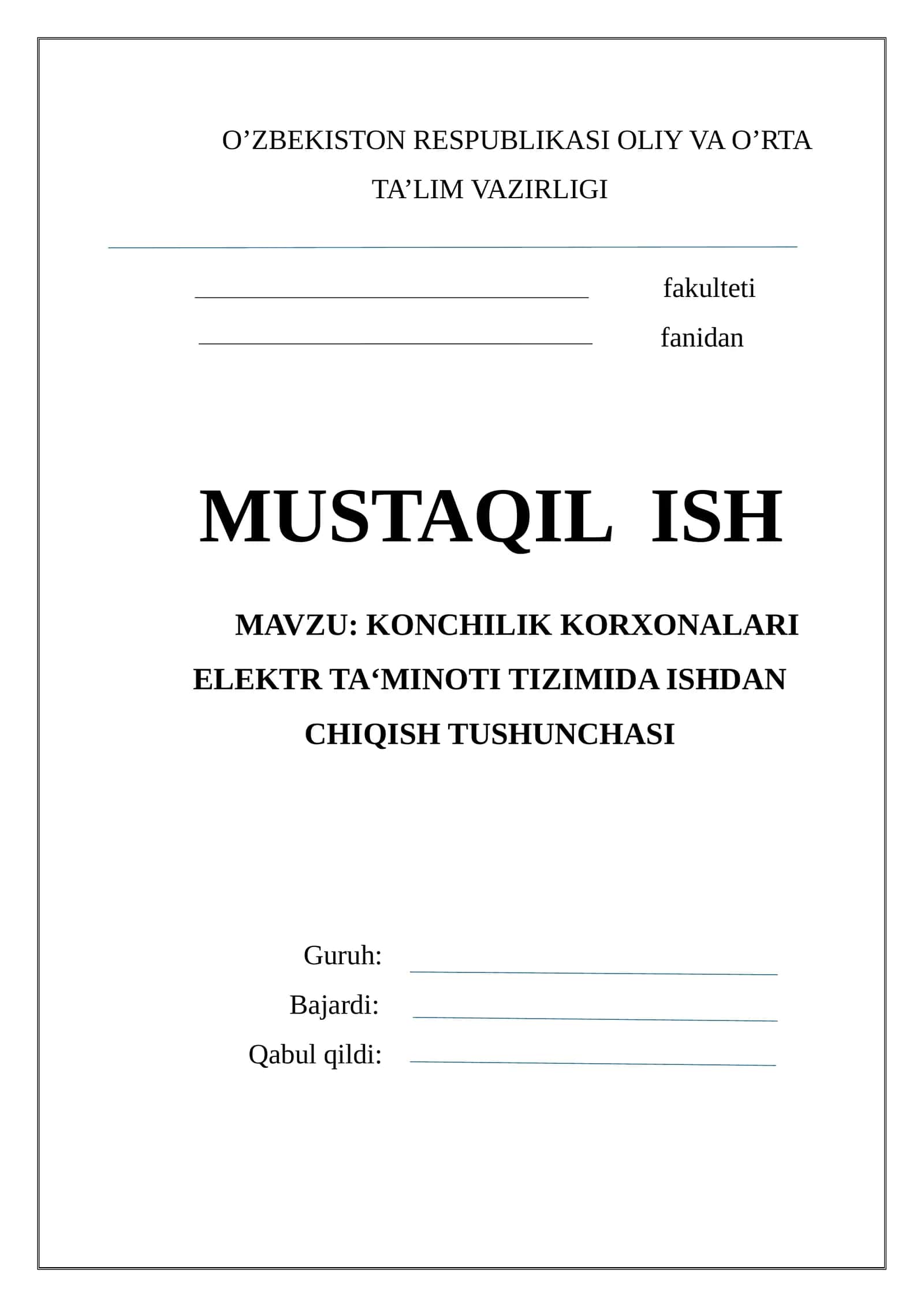 Konchilik korxonalari elektr ta‘minoti tizimida ishdan chiqish tushunchasi
