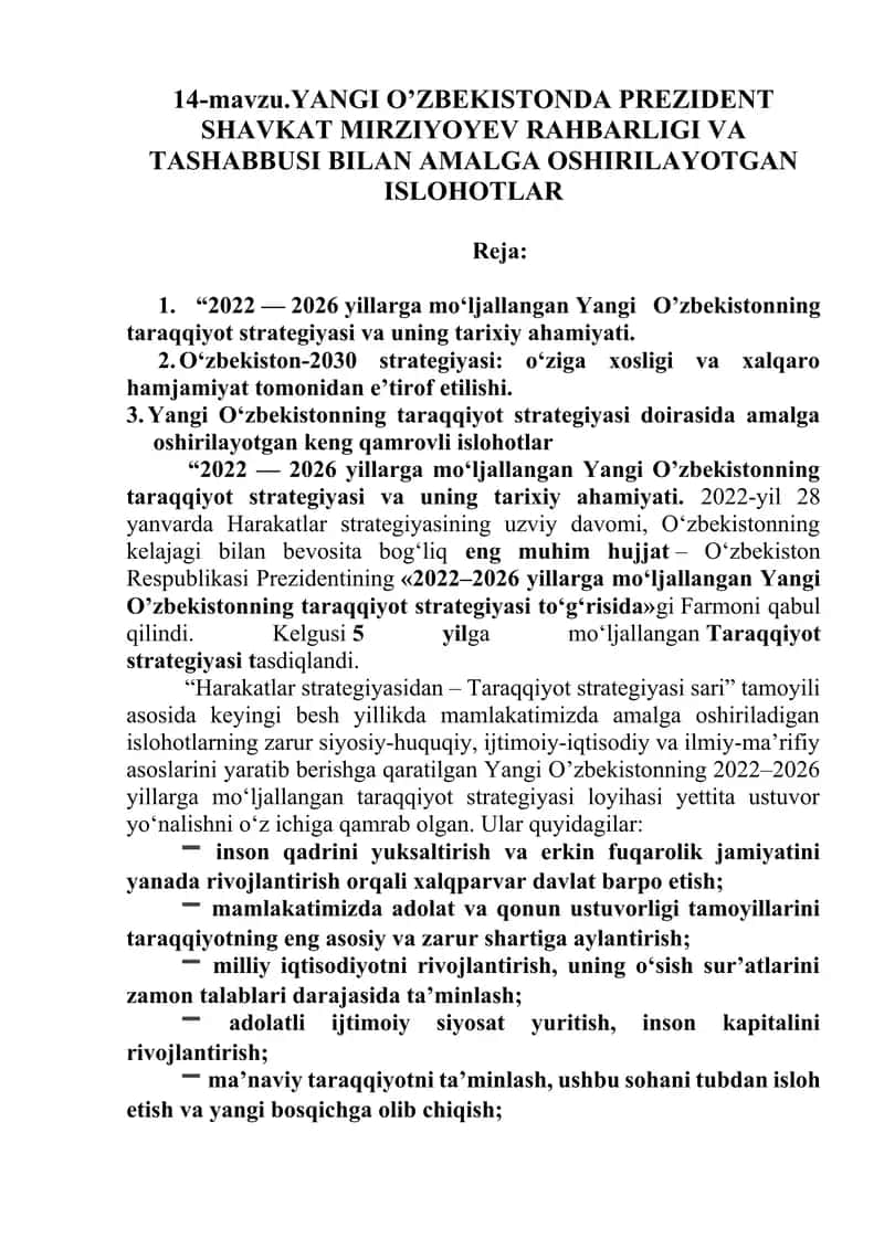 Yangi O’zbekistonda Prezident Shavkat Mirziyoyev Rahbarligi va Tashabbusi bilan amalga oshirilayotgan islohotlar