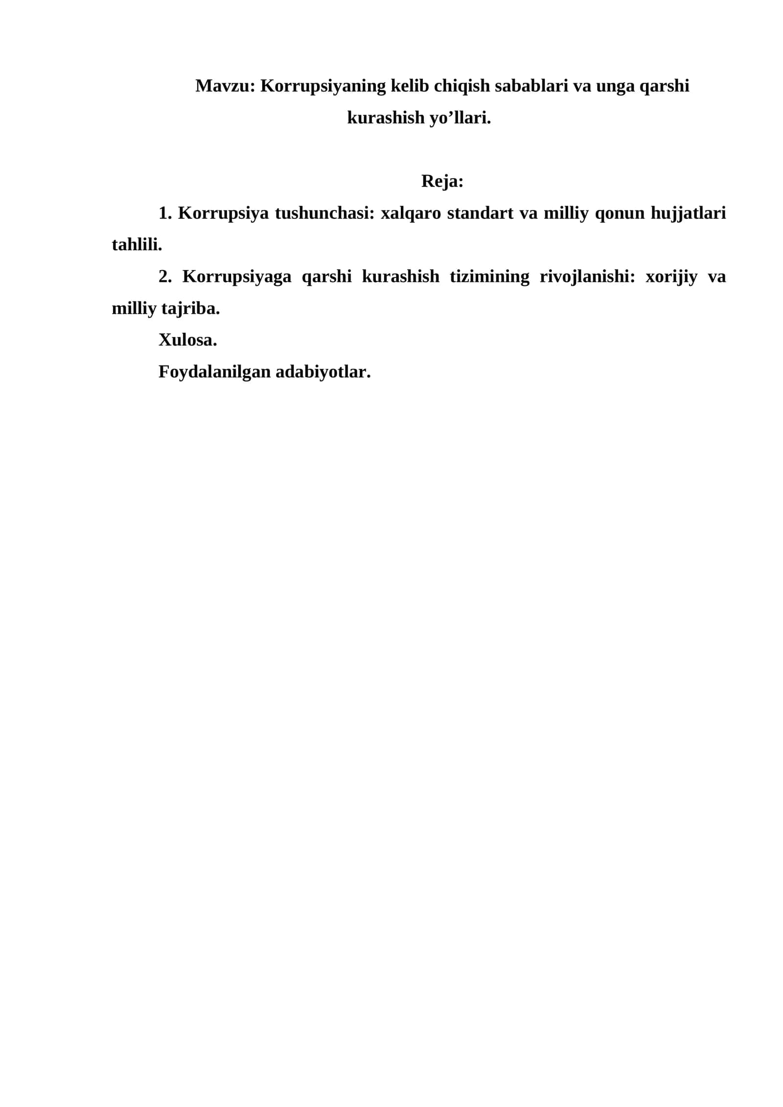 Korrupsiyaning kelib chiqish sabablari va unga qarshi kurashish yo’llari.