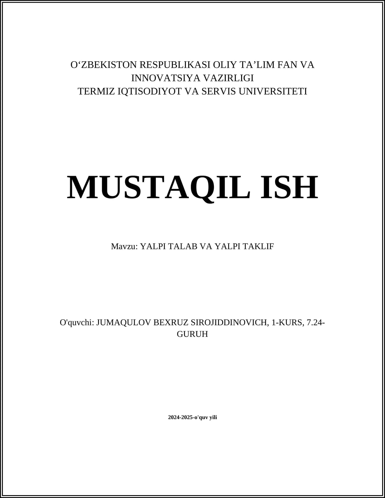 Yalpi talab va yalpi taklif
