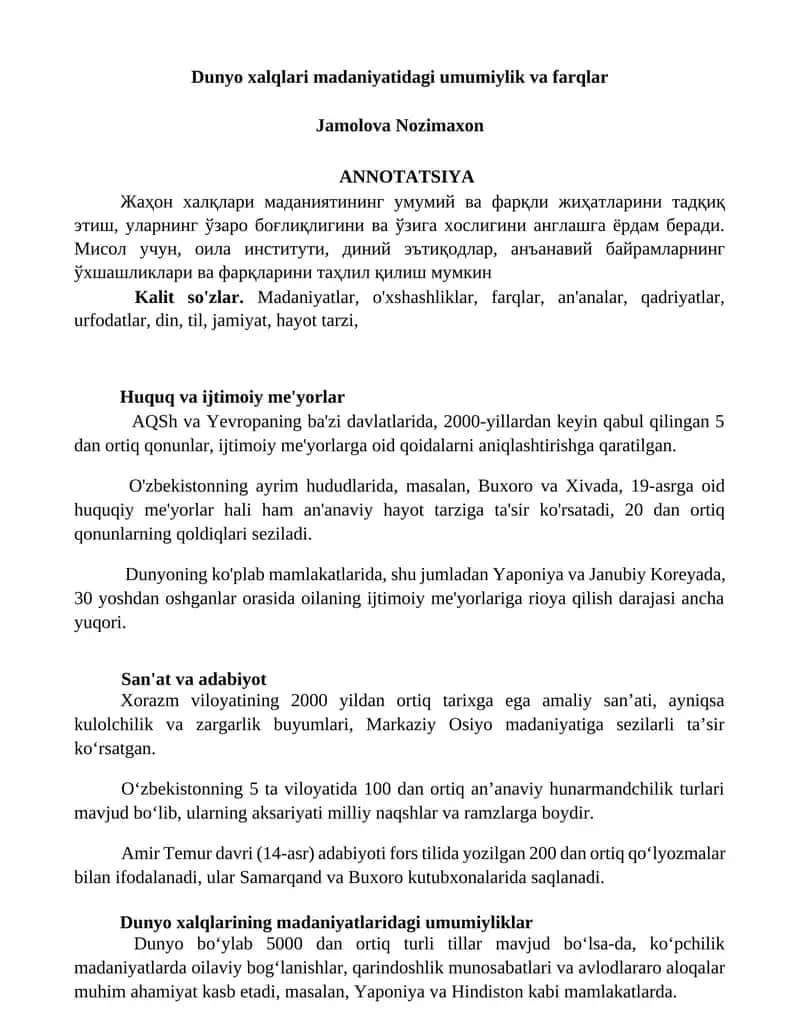 Dunyo xalqlari madaniyatidagi umumiylik va farqlar