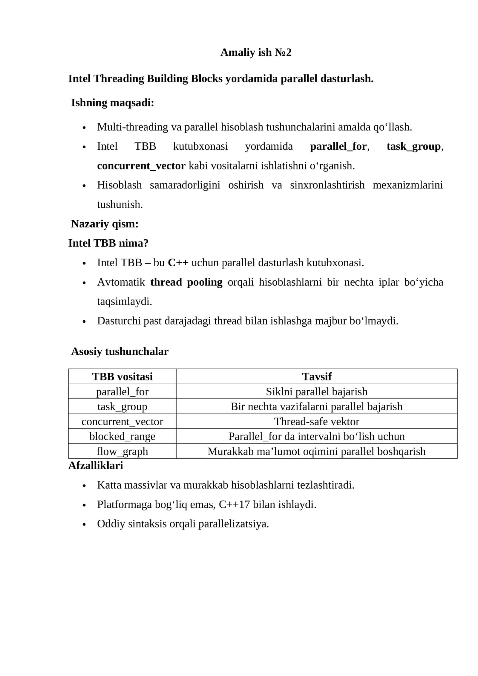 Intel Threading Building Blocks yordamida parallel dasturlash.