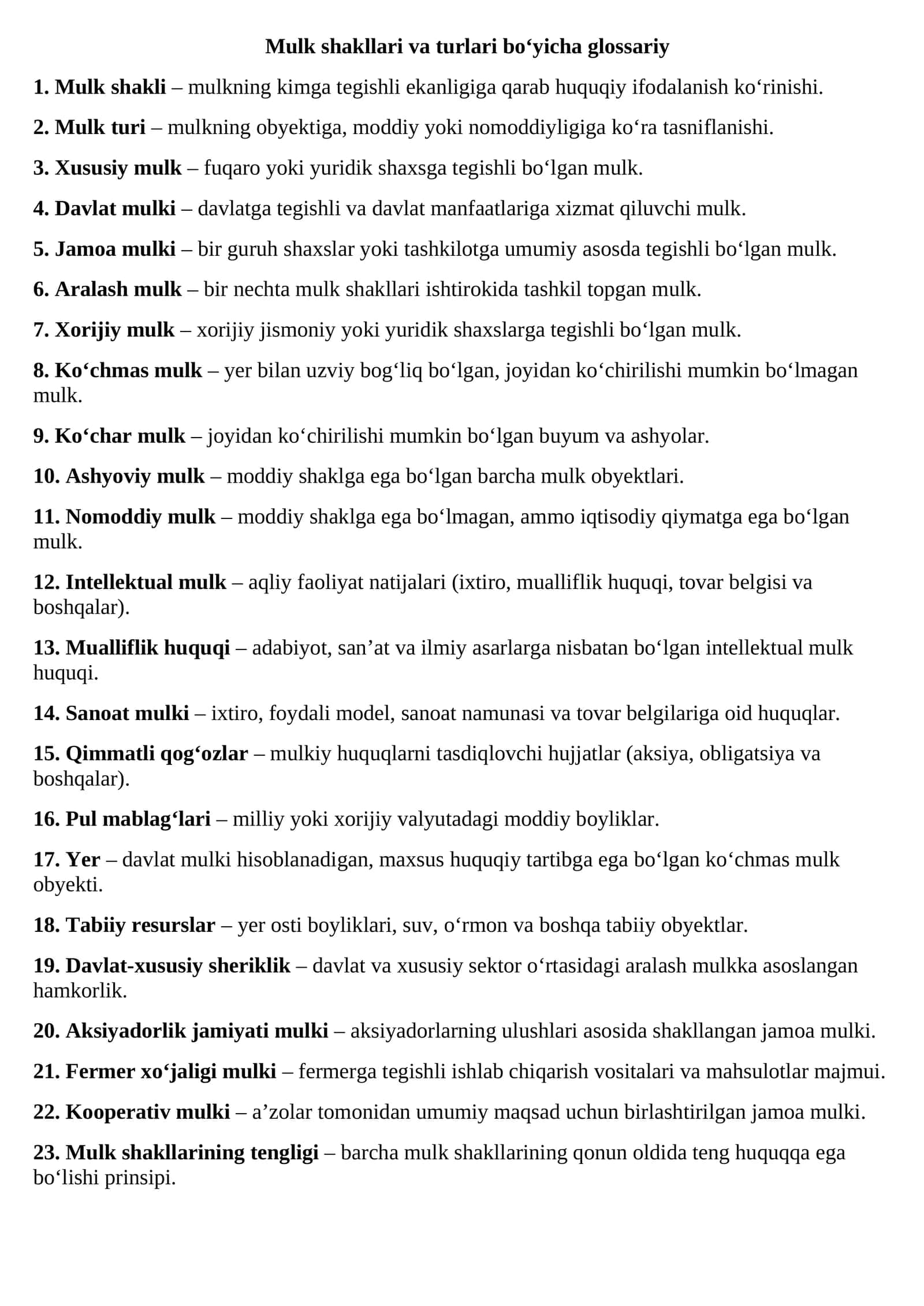 Mulk shakllari va turlari bo‘yicha glossariy