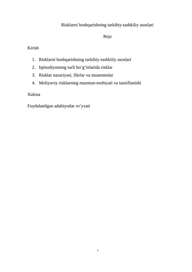 Risklarni boshqarishning tarkibiy-tashkiliy asoslari