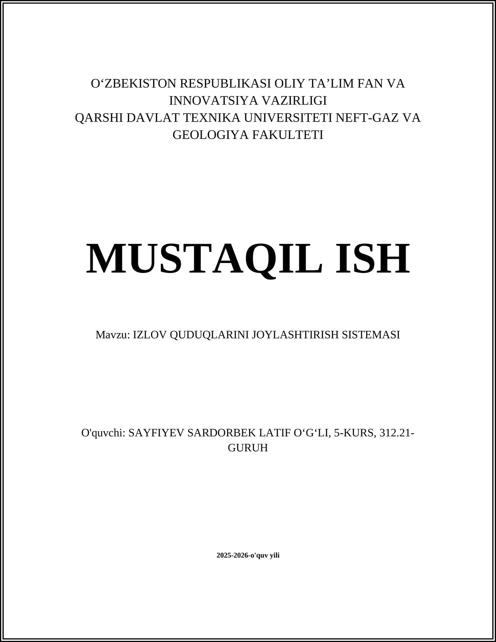 IZLOV QUDUQLARINI JOYLASHTIRISH SISTEMASI