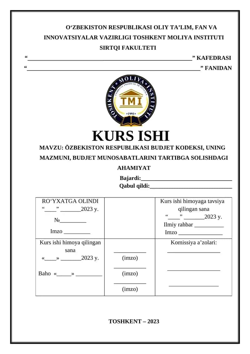 ŌZBEKISTON RESPUBLIKASI BUDJET KODEKSI KURS ISHI