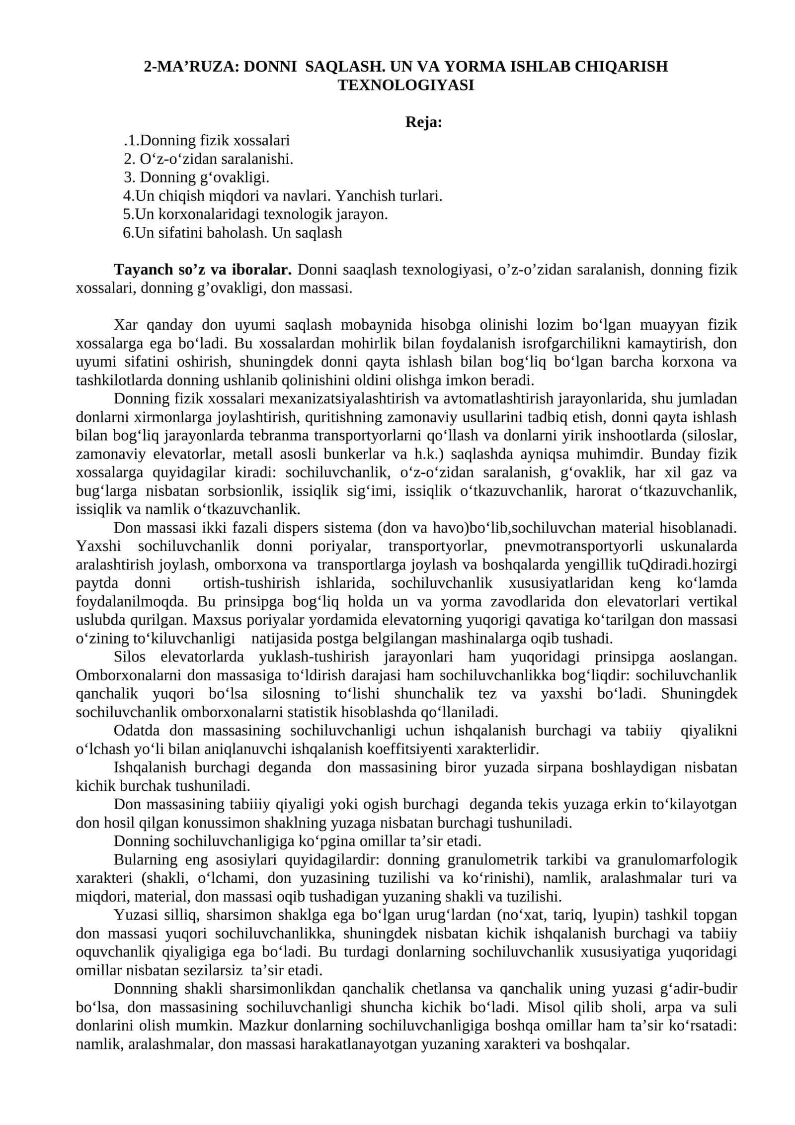 DONNI SAQLASH. UN VA YORMA ISHLAB CHIQARISH TEXNOLOGIYASI