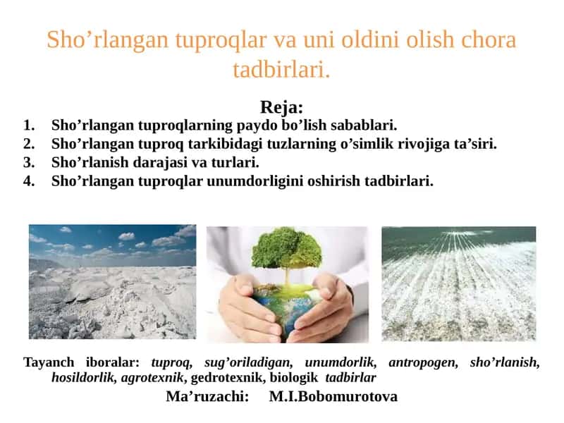 Sho’rlangan tuproqlar va uni oldini olish chora tadbirlari